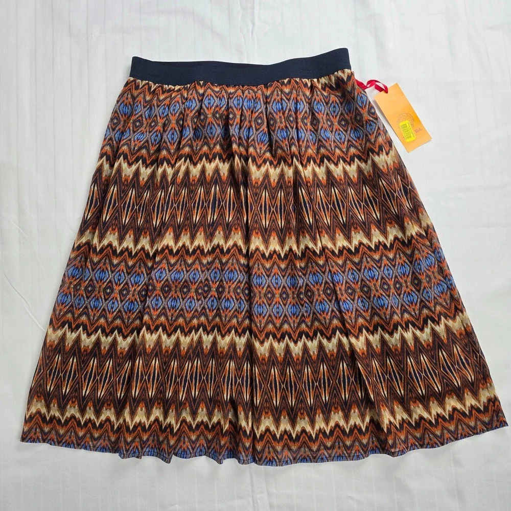 Ruby‎ Rd Feather Report Ikat Chevron Midi Skirt Navy Orange Camel Size 10 NWT